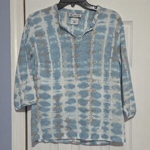 Columbia Blue and White Women's Cotton Blouse 3/4 Length Sleeves